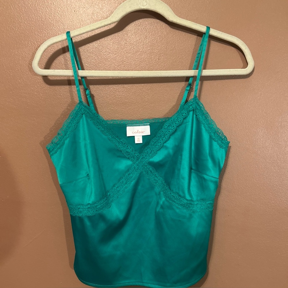 Colsie Cami Lounge Top Womens XS Satin Lace Adjustable Straps Green